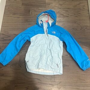 Blue rain jacket. Brand: The North Face. Size: kids 10/12